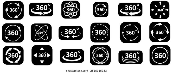 360 degree views of vector circle icons set isolated from the background.Signs with arrows to indicate the rotation or panoramas to 360 degrees. Vector illustration.