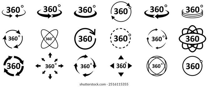 360-Grad-Ansichten von Vektorkreissymbolen, die isoliert vom Hintergrund gesetzt werden.Zeichen mit Pfeilen, um die Drehung oder Panoramen auf 360 Grad anzuzeigen. Streckenart.