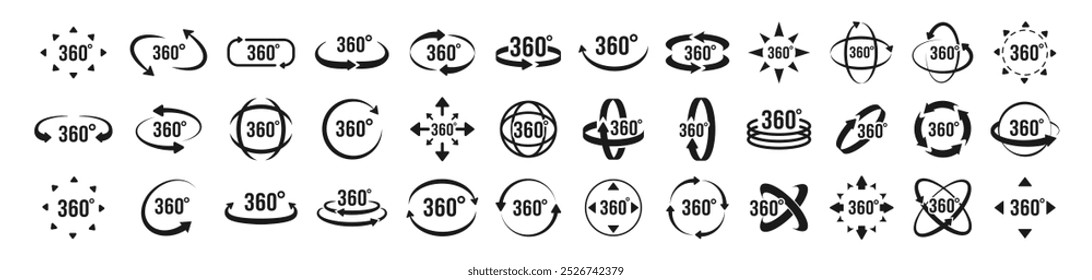 Visualizações de 360 graus de ícones de círculo vetorial definidos isolados no plano de fundo transparente. Sinais com setas para indicar a rotação ou panoramas a 360 graus.