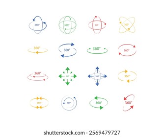 360 degree views of vector circle icons. Signs with arrows to indicate the rotation. 360 degrees arrow, rotate around set icon. Circle signs vertical, horizontal and diagonal rotate.