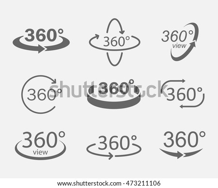 360 degree views of vector circle icons isolated from the background. Signs with arrows to indicate the rotation or panoramas to 360 degrees. 