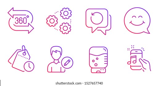 360 degree, Water cooler and Time management line icons set. Edit person, Gears and Recovery data signs. Smile face, Music phone symbols. Virtual reality, Office drink. Technology set. Vector