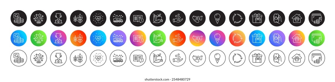 360 degree, Winner cup and Fireworks stars line icons. Round icon gradient buttons. Pack of Truck delivery, Delivery boxes, Pet shelter icon. Like app, Inspect, Wallet pictogram. Vector