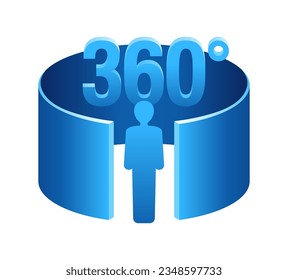 360 degrees 3D icon with human silhouette - panorama, virtual tour, street view or VR technology emblem