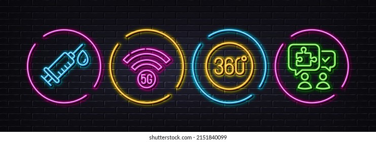 360 degrees, 5g wifi and Medical syringe minimal line icons. Neon laser 3d lights. Puzzle icons. For web, application, printing. Panoramic view, Wireless internet, Vaccination. Jigsaw chat. Vector