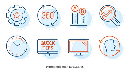 360 degrees, Ab testing and Face id signs. Monitor, Time and Web tutorials line icons set. Settings gear, Analytics symbols. Computer component, Clock. Science set. Outline icons set. Vector