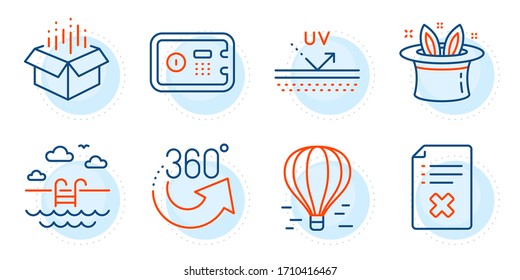 360 degrees, Air balloon and Swimming pool signs. Safe box, Open box and Uv protection line icons set. Reject file, Hat-trick symbols. Deposit, Delivery package. Business set. Vector