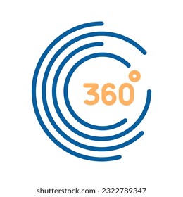 360 degrees. 360º area view, virtual reality related vector graphic element linear stroke icon in blue and orange