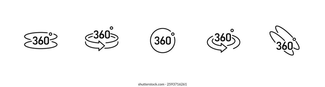360 degrees arrow icon set. Rotation or panoramas to 360 degrees icon. Circle signs vertical, horizontal and diagonal 360 degrees view. Virtual reality. Rotate cycle. Vector illustration.