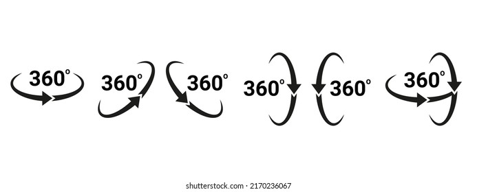 360 degrees arrow, rotate around set icon. Circle signs vertical, horizontal and diagonal view with arrows rotation to 360 degrees. Virtual reality. Rotate cycle, circular moving symbol. Vector