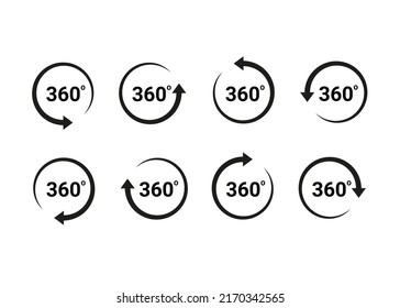 360°-Pfeil, rotieren Sie um das eingestellte Symbol. Rundschilder mit Pfeildrehung auf 360 Grad anzeigen. Drehen Sie den Zyklus, kreisförmig bewegtes Symbol. Vektorzeichen