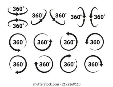 360 degrees arrow, rotate around set icon. Circle signs vertical, horizontal and diagonal view with arrows rotation to 360 degrees. Virtual reality. Rotate cycle, circular moving symbol. Vector