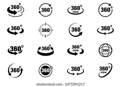 Flecha de 360 grados, girar alrededor del icono de conjunto. Círculo muestra Vertical, vista Horizontal y diagonal con flechas de rotación a 360 grados. Realidad virtual. Girar el ciclo, símbolo circular de movimiento. EPS 10