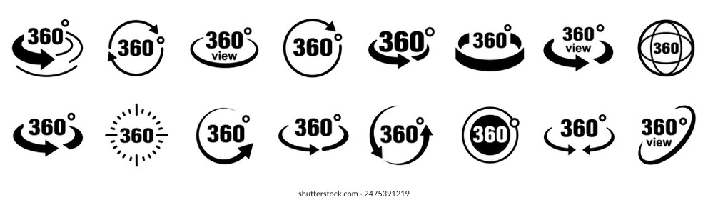 360 degrees arrow, rotate around set icon. Circle signs vertical, horizontal and diagonal view with arrows rotation to 360 degrees. Virtual reality. Rotate cycle, circular moving symbol. EPS 10