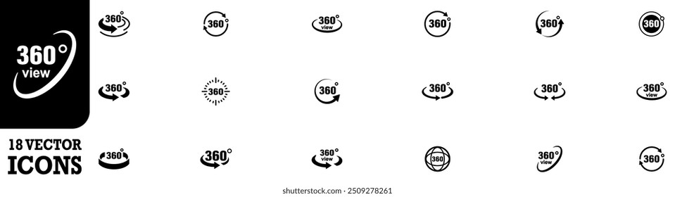 Flecha de 360 grados, gire alrededor del icono de conjunto. Vertical de signos de círculo, vista Horizontal y diagonal con flechas de rotación a 360 grados. Realidad virtual. Ciclo de rotación, símbolo de movimiento circular. EPS 10
