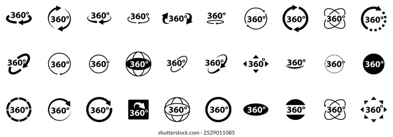 360 degrees arrow, rotate around set icon. Circle signs vertical, horizontal and diagonal view with arrows rotation to 360 degrees. Virtual reality. Rotate cycle, circular moving symbol. EPS 10