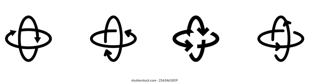 360 degrees arrow, rotate around set icon. Circle signs vertical, horizontal and diagonal view with arrows rotation to 360 degrees. Virtual reality. Rotate cycle, circular moving symbol. EPS 10
