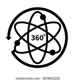 360 degrees and atom black on white background, sign for design, vector illustration