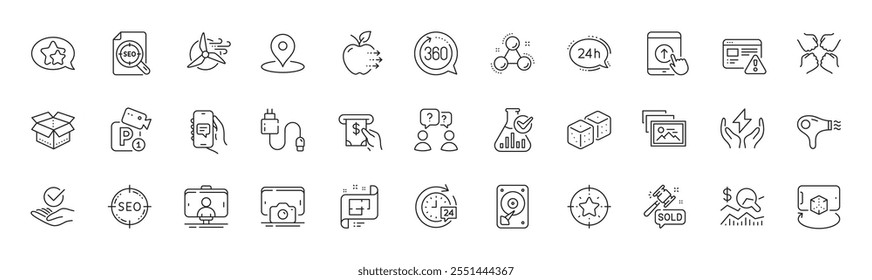 360 grados, realidad aumentada e iconos de línea de dados. Pack de estrella, escuadrón, icono de advertencia de Internet. Servicio 24h, aprobado, pictograma de archivo Seo. Servicio de cajero automático, turbina de molino de viento, Seo. Iconos de línea. Vector