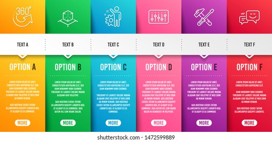 360 degrees, Augmented reality and Dj controller line icons set. Infographic timeline. Employee, Hammer tool and Happy emotion signs. Full rotation, Virtual reality, Musical device. Cogwheel. Vector