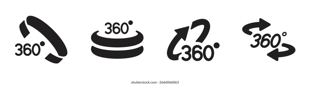 colección de icono negro de 360 grados. Símbolo de vistas de 360 grados. Signo de flecha giratoria. Diferentes formas de estilo moderno. Trazo editable. Diseño plano. Ilustración vectorial. Aislado en un fondo blanco.