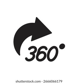 360 degrees black icon. 360 degrees views symbol. Rotating arrow sign. Editable stroke. Flat design. Vector illustration. Isolated on a white background.