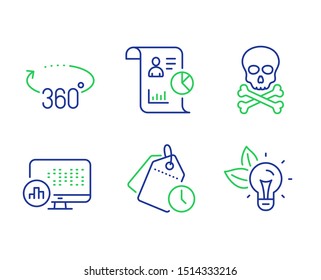 360 degrees, Chemical hazard and Time management line icons set. Report, Report statistics and Eco energy signs. Full rotation, Toxic death, Clock tags. Work statistics. Science set. Vector