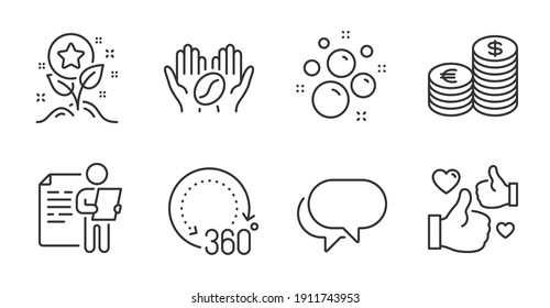 360 degrees, Coffee and Job interview line icons set. Loyalty points, Currency and Clean bubbles signs. Talk bubble, Like symbols. Panoramic view, Roasted bean, Cv file. Quality line icons. Vector