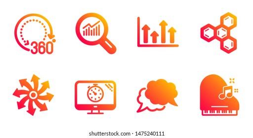 360 degrees, Data analysis and Chat message line icons set. Seo timer, Versatile and Upper arrows signs. Chemical formula, Piano symbols. Panoramic view, Magnifying glass. Business set. Vector