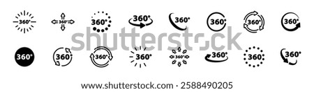 360 degrees. 360 degree views. Rotation 360 degrees. Rotate 360 degrees vector icons