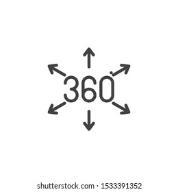 360 degrees direct arrows line icon. Panoramic view linear style sign for mobile concept and web design. 360 rotation sign outline vector icon. VR technology symbol, logo illustration