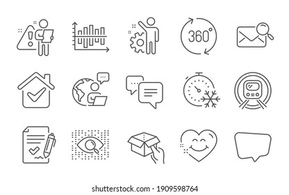 360 degrees, Dots message and Freezing timer line icons set. Approved agreement, Metro subway and Artificial intelligence signs. Smile face, Chat message and Employee symbols. Line icons set. Vector