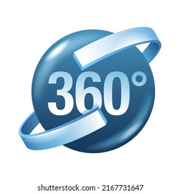 360 degrees flat black icon with 3D sphere - panorama, virtual tour, street view or VR technology emblem