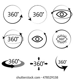360 degrees full angle view icons. Monochrome simple icon set. Virtual panoramic tour signs.