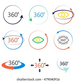 360 degrees full angle view icons. Colorful simple icon set. Virtual panoramic tour signs.