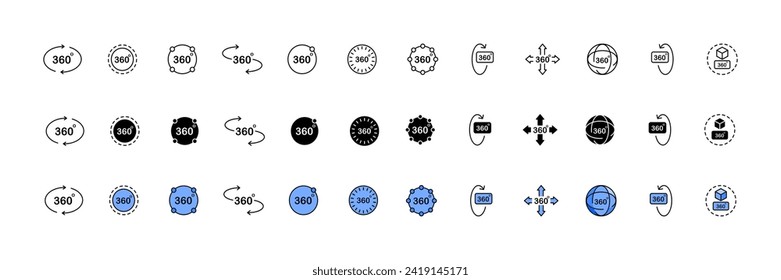 360 degrees icon collection. Linear, silhouette and flat style. Vector icons