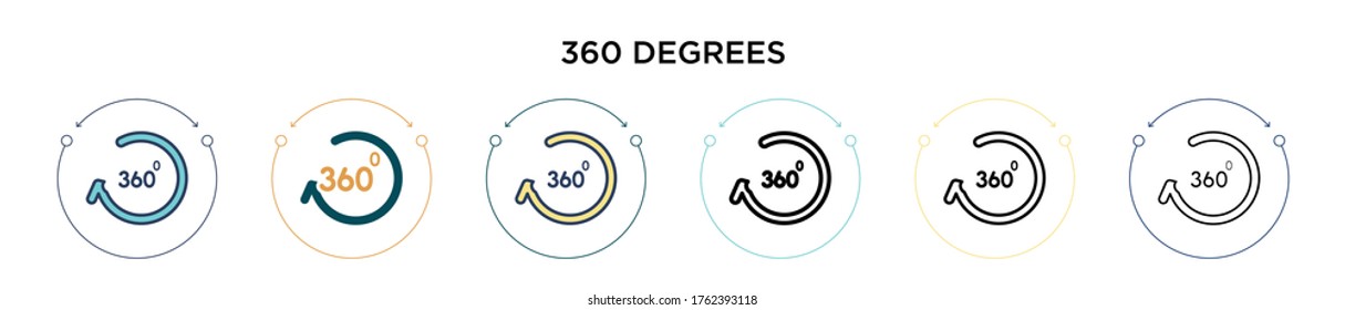 360 degrees icon in filled, thin line, outline and stroke style. Vector illustration of two colored and black 360 degrees vector icons designs can be used for mobile, ui, web