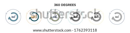 360 degrees icon in filled, thin line, outline and stroke style. Vector illustration of two colored and black 360 degrees vector icons designs can be used for mobile, ui, web