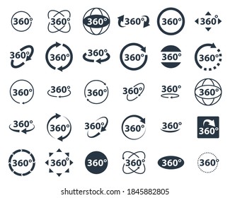 360 degrees icon set. Rotate arrow, VR reality panoramic symbol. Wide degree view icons. Virtual tour or game vector sign.