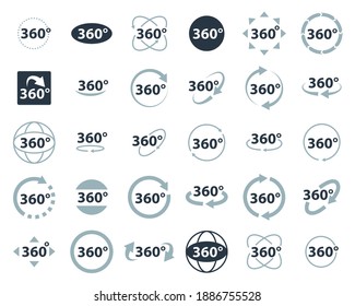 360 degrees icon set. Rotate arrow, VR reality panoramic symbol. Wide degree view icons. Virtual tour or game vector sign.