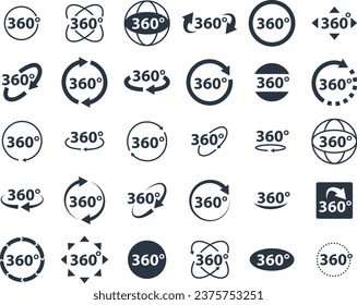 Juego de iconos de 360 grados. Flecha girada, símbolo panorámico de realidad VR. Iconos de vista de amplio grado. Signo de recorrido virtual o vector de juego.