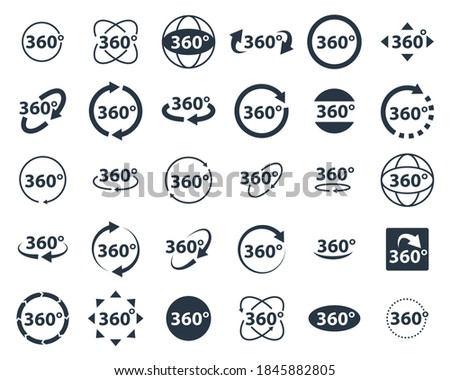 360 degrees icon set. Rotate arrow, VR reality panoramic symbol. Wide degree view icons. Virtual tour or game vector sign.