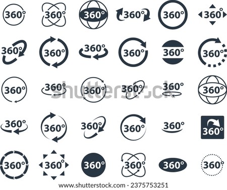 360 degrees icon set. Rotate arrow, VR reality panoramic symbol. Wide degree view icons. Virtual tour or game vector sign.