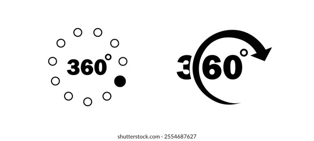 360 degrees icon set. Rotation and angle of views. Simulation, panorama and rotation. Entertainment, fun and leisure. Social media sticker. Flat vector collection isolated on white background