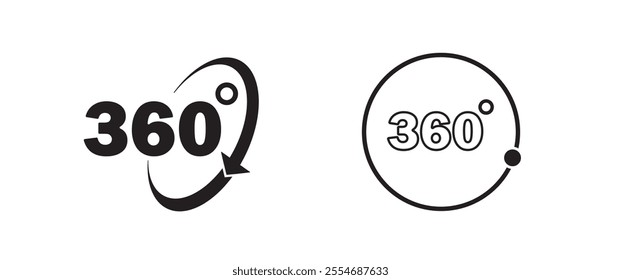 360 degrees icon set. Rotation and angle of views. Simulation, panorama and rotation. Logotype and emblem. Graphic element for website. Flat vector collection isolated on white background