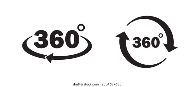 360 degrees icon set. Rotation and angle of views. Simulation, panorama and rotation. Virtual reality and cyberspace. Social media sticker. Flat vector collection isolated on white background