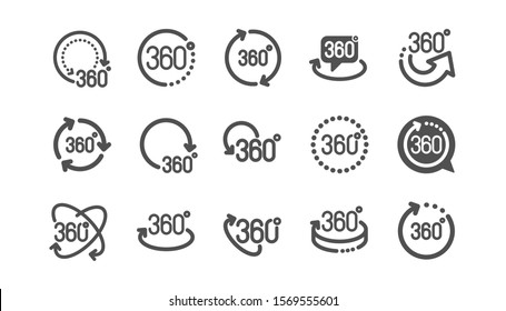 360 degrees icons. Rotate arrow, VR panoramic simulation and augmented reality. 360 degrees virtual gaming, abstract geometry, full rotation view icons. Classic set. Quality set. Vector
