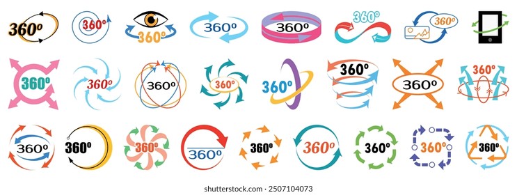 360 degrees icons set. Collection of various colorful arrows rotating 360 degrees, symbolizing concepts such as full cycle, panoramic view, and continuous process