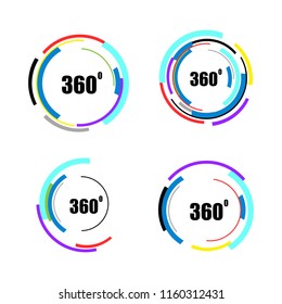 360 degrees icons set isolated on white background. 360 degrees logotype design concept with colorful lines for web site and label. Vector illustration, eps 10