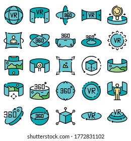 360 degrees icons set. Outline set of 360 degrees vector icons thin line color flat on white